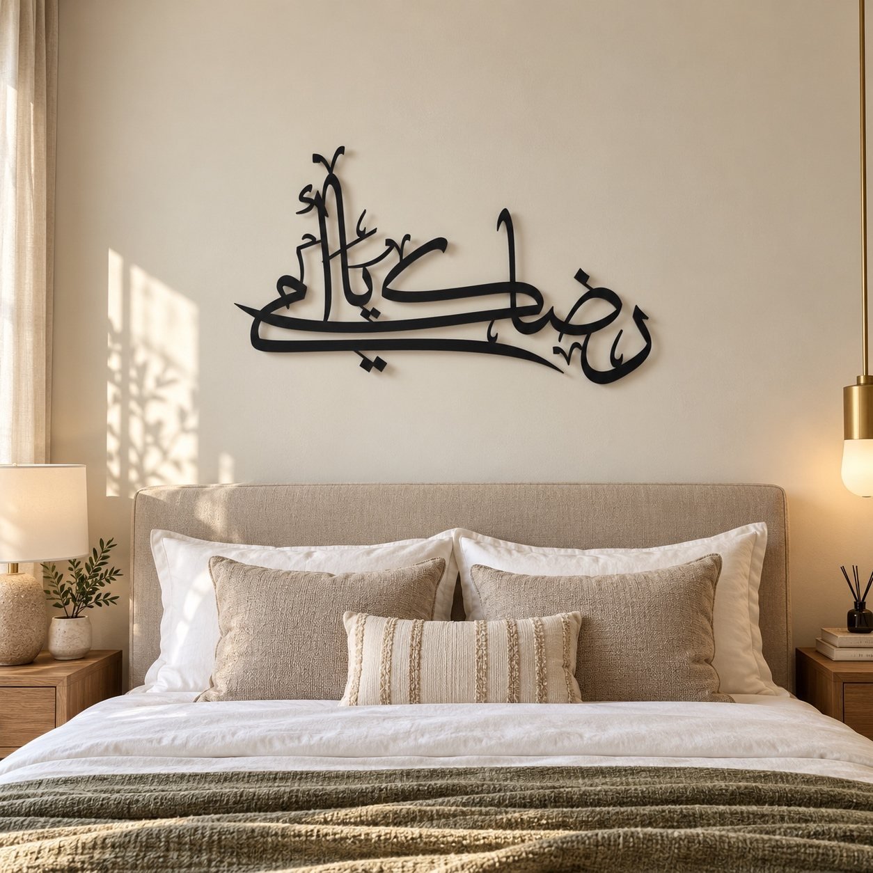 Matte black Arabic calligraphy Mothers Day wall art in place above a bed in a modern UAE bedroom.