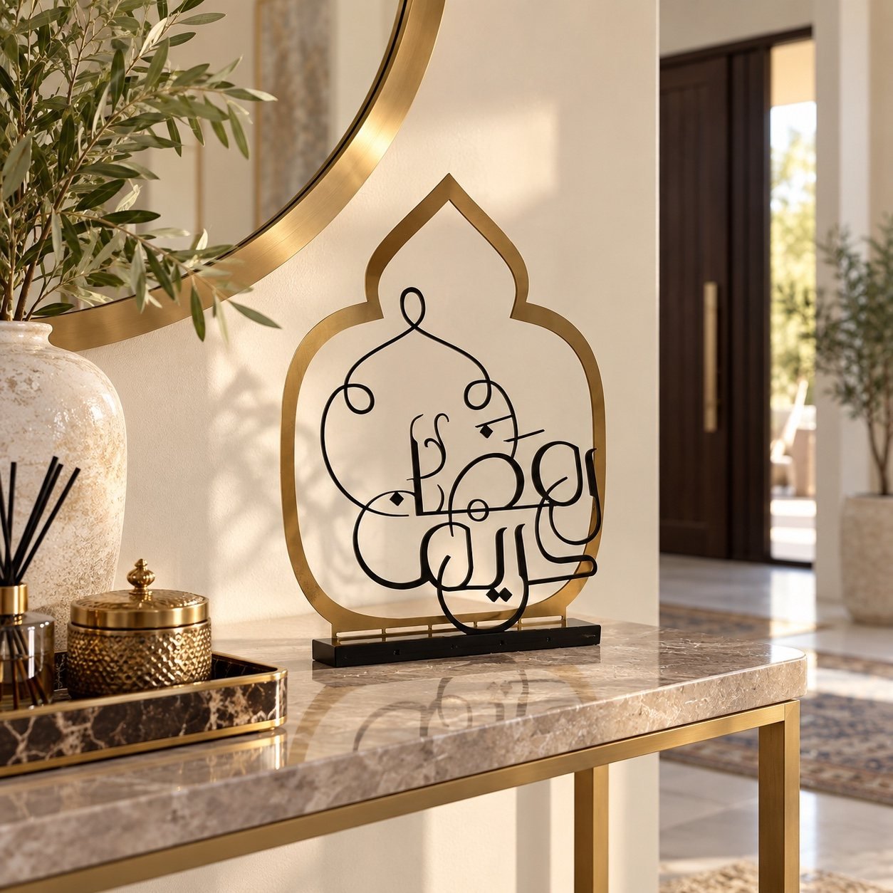 Ramadan Kareem dark metal tabletop decoration with Arabic calligraphy and gold-colour border on a black base against a warm-white wall.