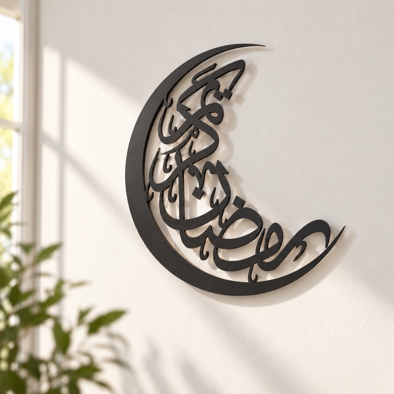 Angled view of black crescent Ramadan metal wall art showing its metal depth, edge finish and soft wall shadow.