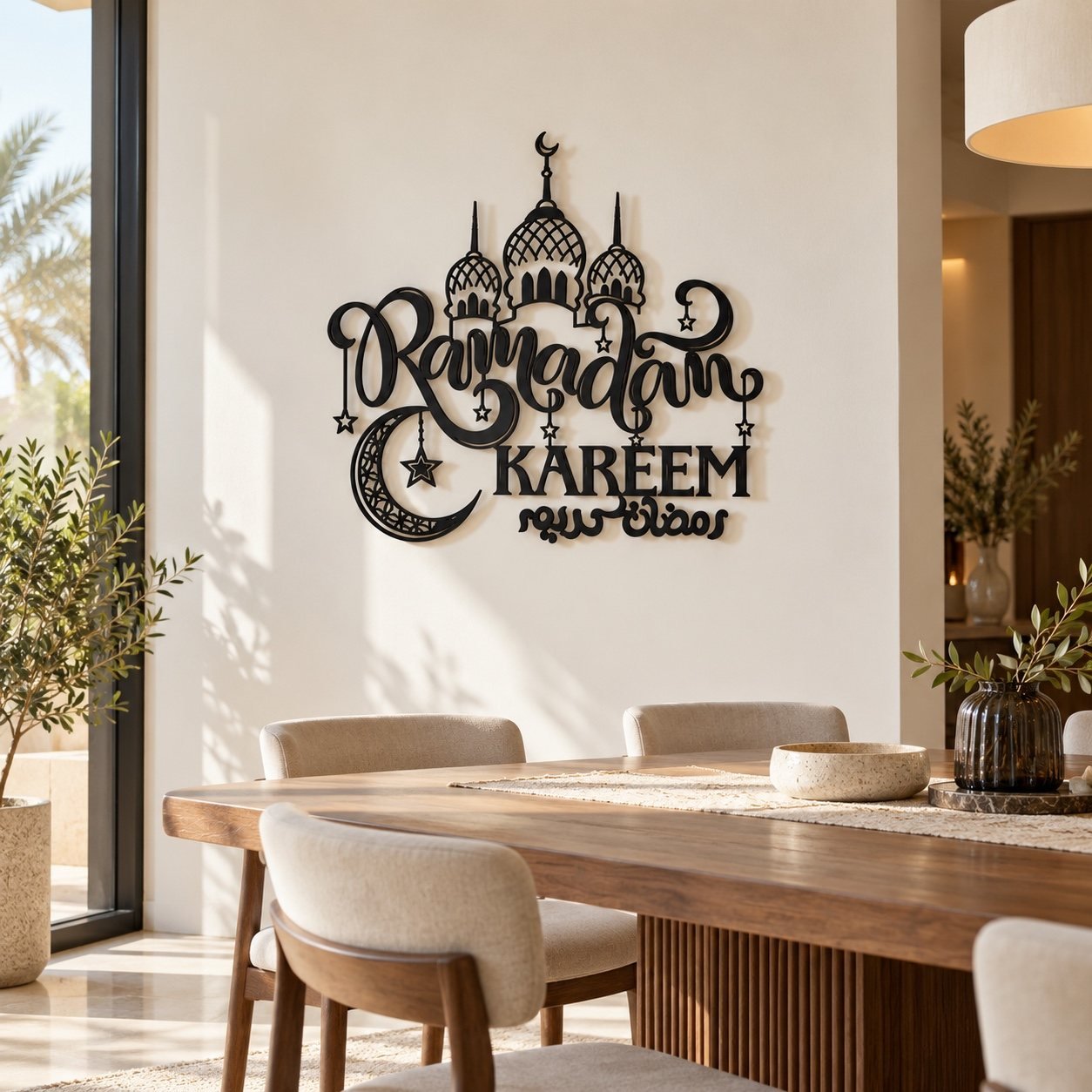 Ramadan Kareem metal wall art in place above a dining table in a modern UAE home.