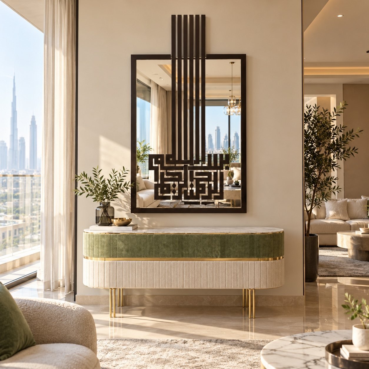 Basmalah wall mirror in place above a console in a modern Dubai apartment living room
