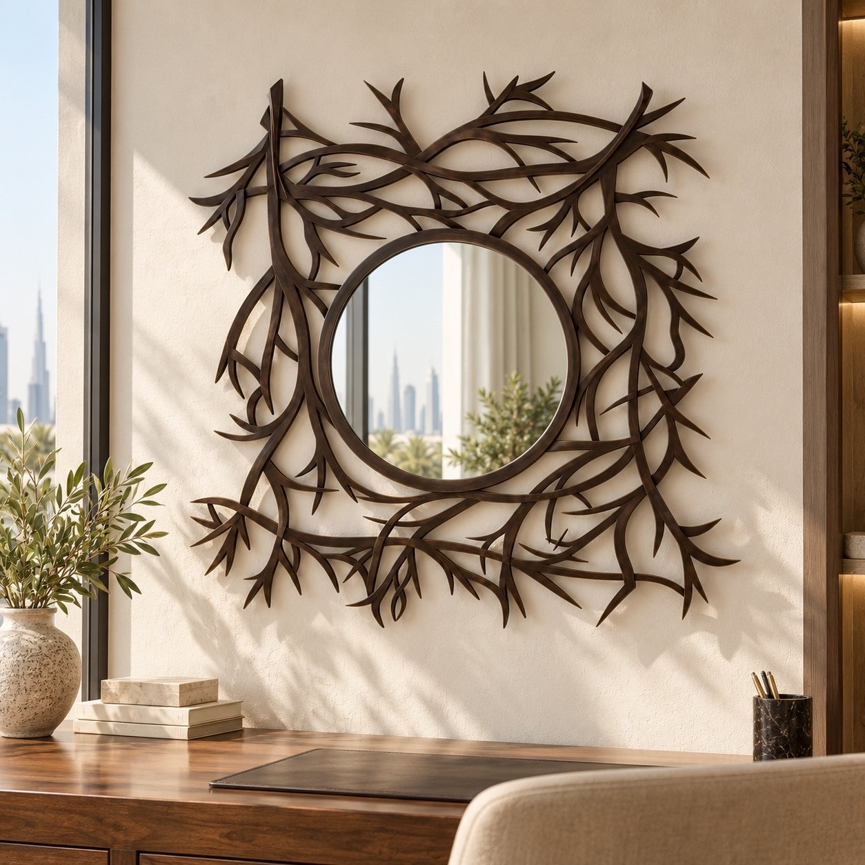 Branches Wall Mirror in place above a desk in a modern UAE home office with natural daylight.