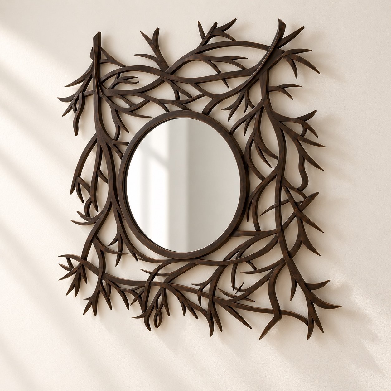 Angled view of the dark brown Branches Wall Mirror showing raised frame depth and soft wall shadow.