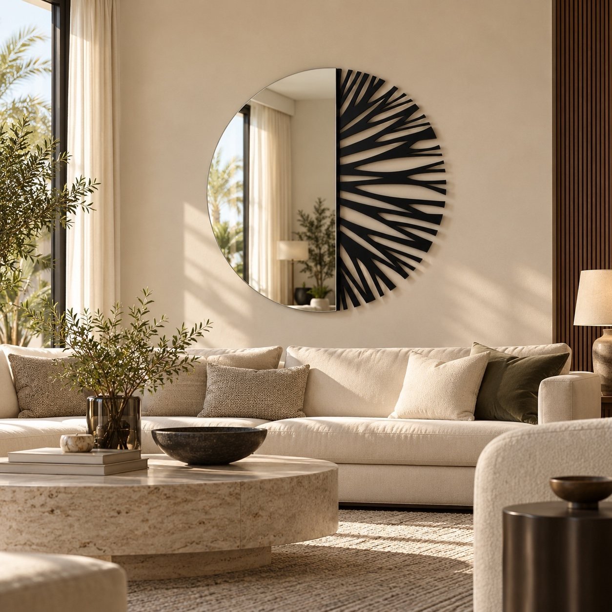 Branches Wall Mirror displayed above a cream sofa in a modern UAE family lounge with natural daylight.