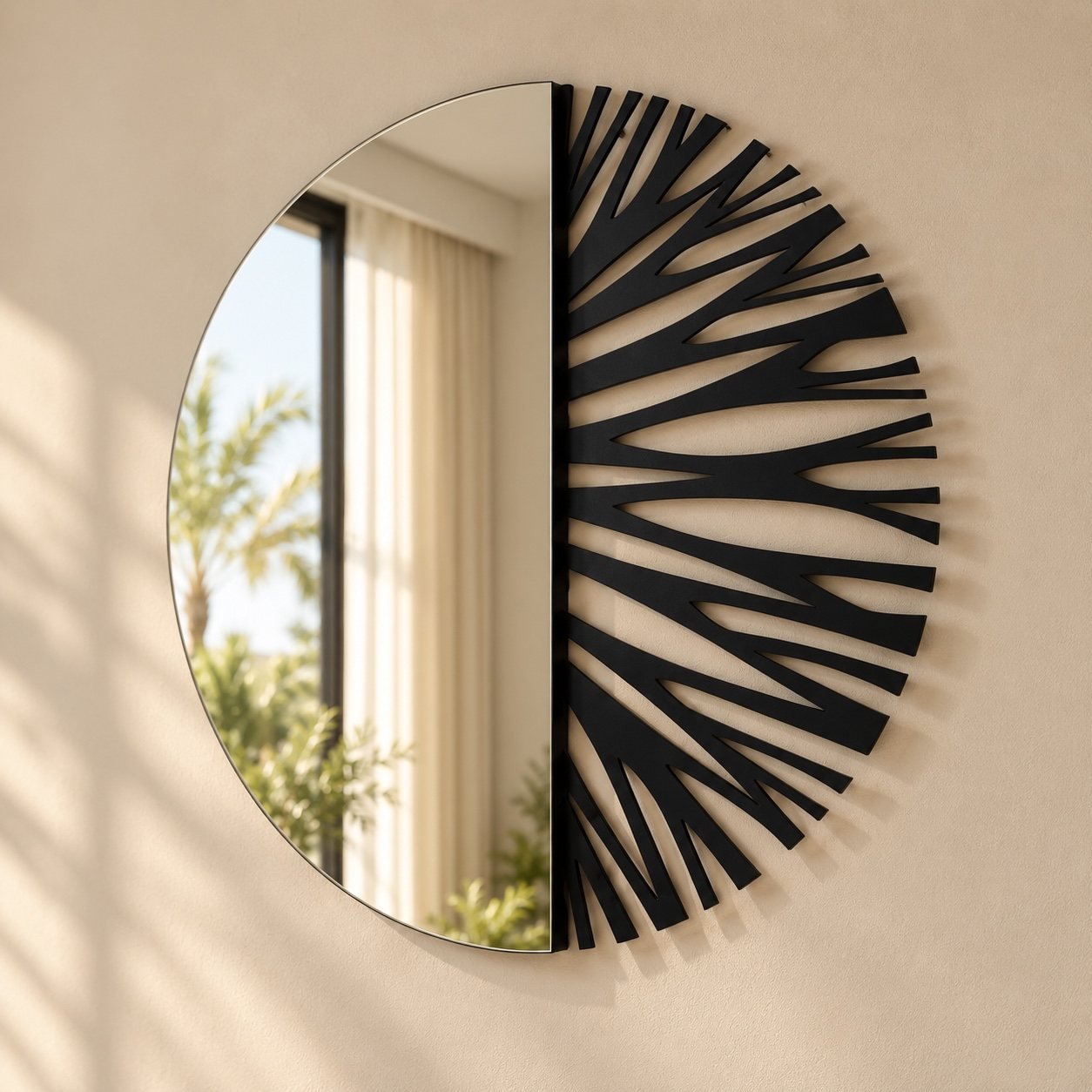 Angled view of the black Branches Wall Mirror showing its raised metal depth, edge finish, and wall shadow.