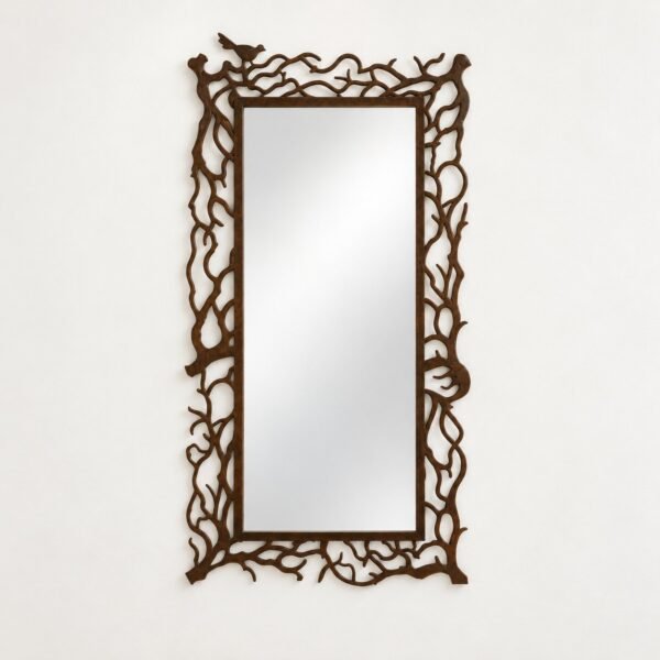 Front view of the dark brown Branches Wall Mirror on a warm-white wall.