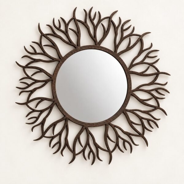 Round dark-brown branches wall mirror shown straight-on against a plain warm-white wall.
