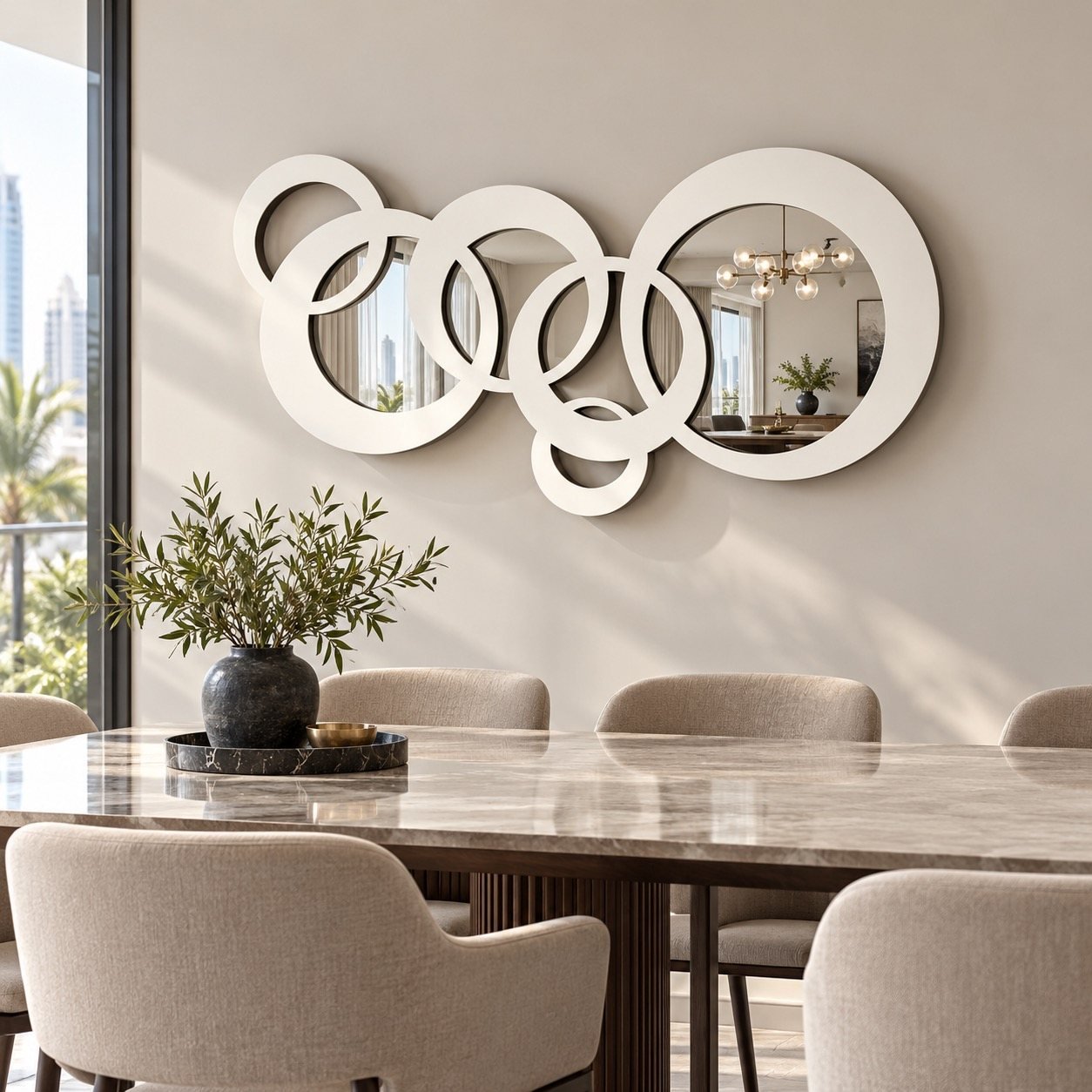 Circles Wall Mirror in place on a dining-room wall in a modern UAE home with natural daylight.