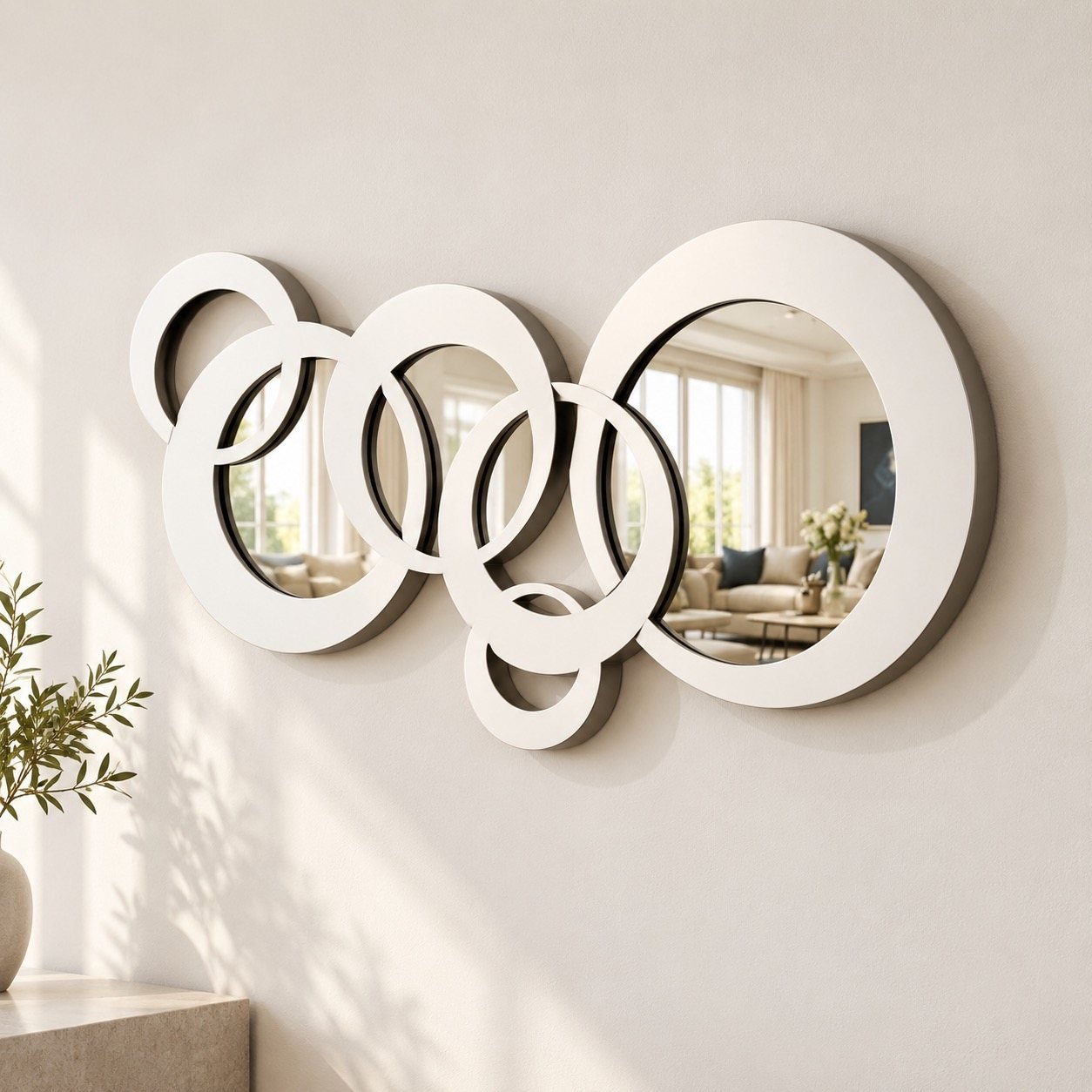 Circles Wall Mirror shown at a slight angle, revealing layered depth, edge finish and wall shadow.