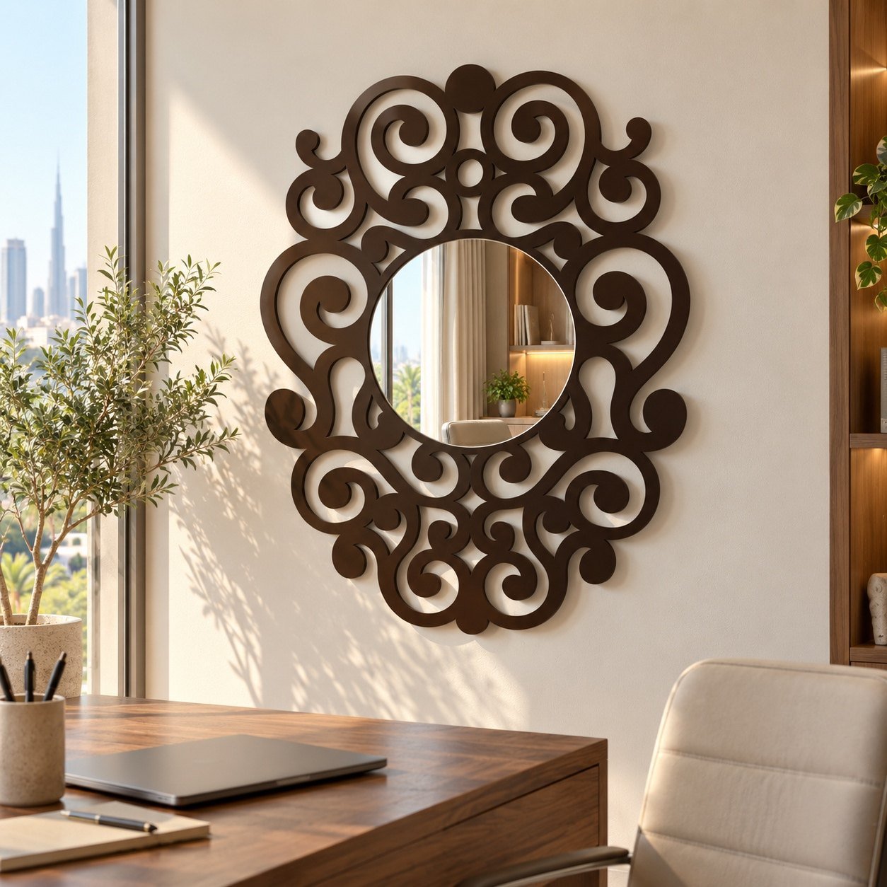 Dark brown ornamental oval wall mirror in a bright modern UAE home office.