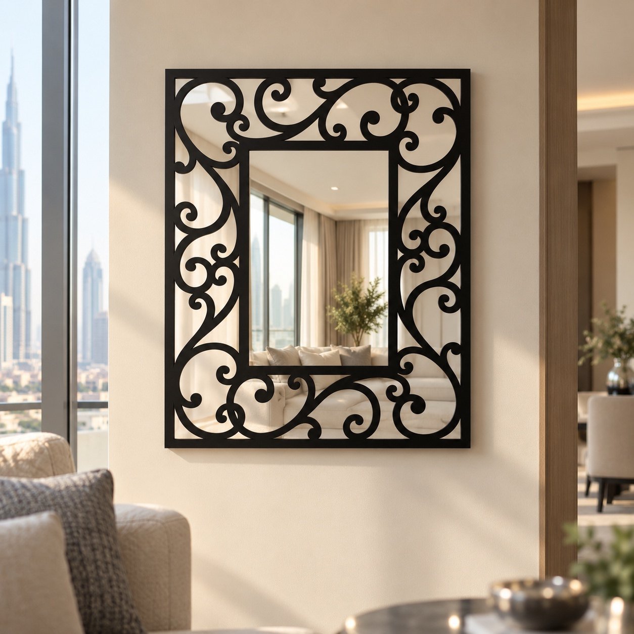 Ornate black rectangle wall mirror in a modern Dubai apartment living room