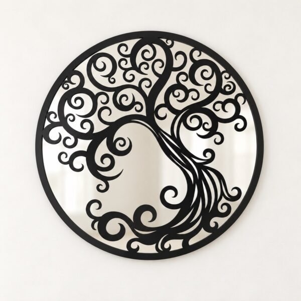 Rounded black metal wall mirror with ornate cut-out design on a warm-white wall.