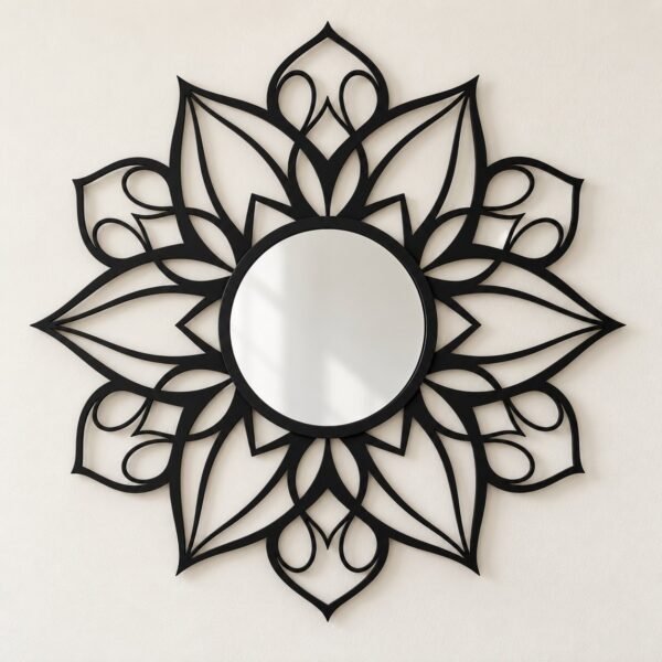 Rounded black metal wall mirror with a clear circular centre on a warm-white wall, front view.