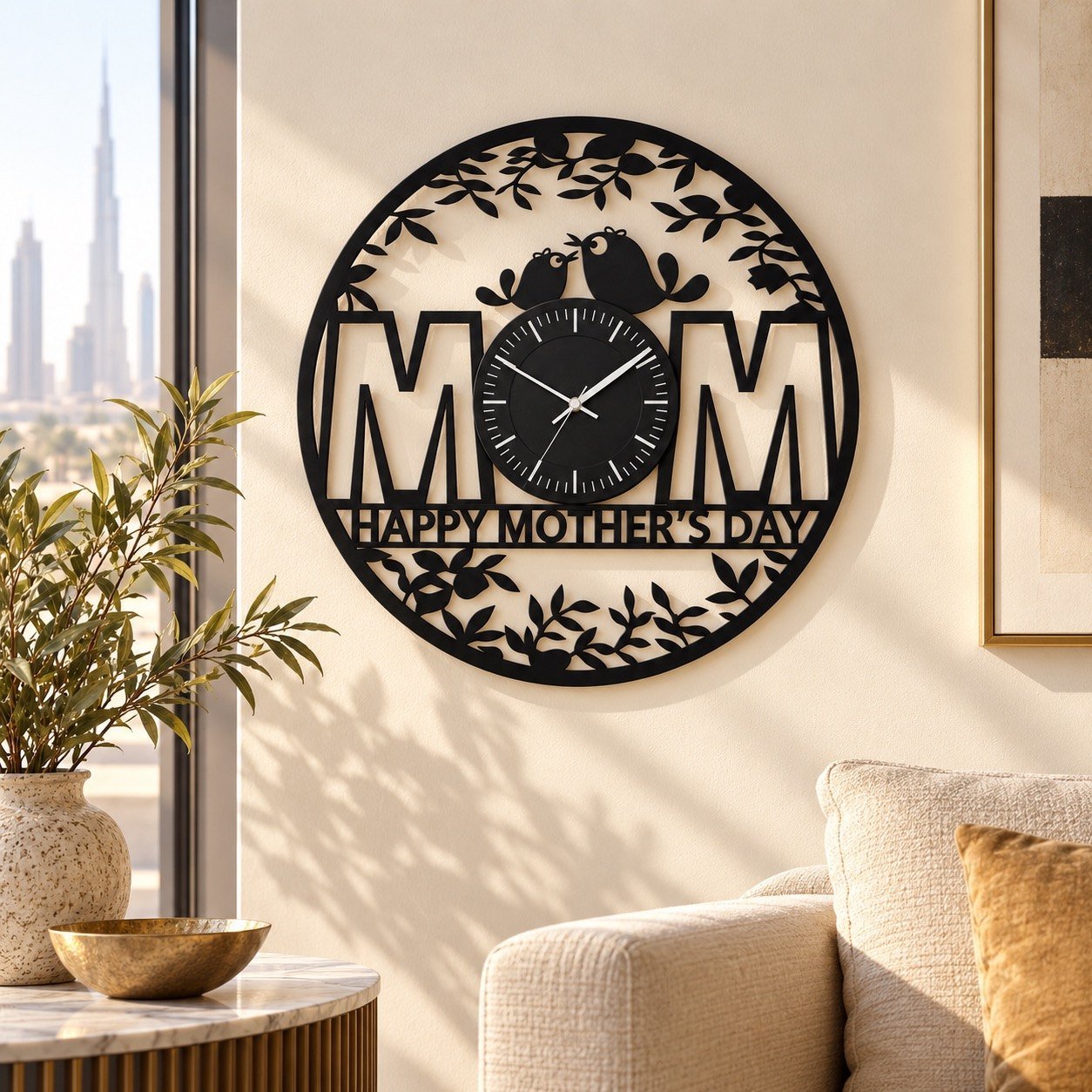Black Mothers Day metal wall clock in a bright modern Dubai apartment living room.