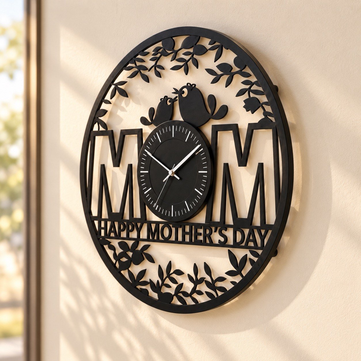 Angled view of a black Mothers Day metal wall clock showing its depth, edges and wall shadow.