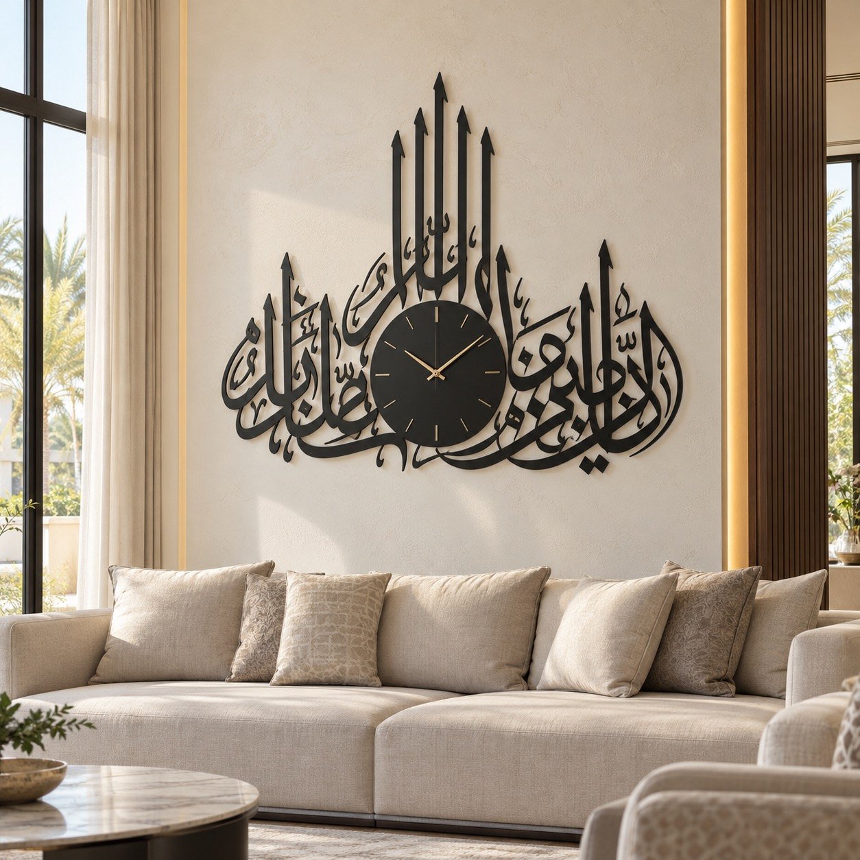 Black Arabic calligraphy wall clock in place on a warm-white wall in a modern UAE majlis