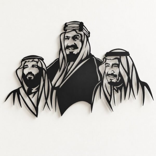 Saudi Royal Family three-portrait black and silver metal wall art on a plain warm-white wall