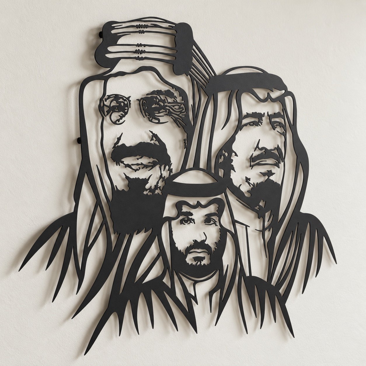 Angled view of Saudi Royal Family metal wall art showing edge depth and wall shadow