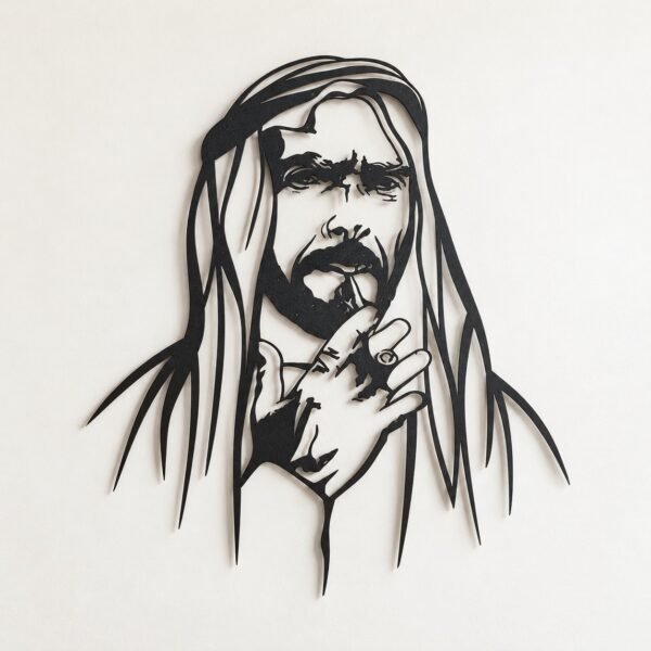 Front view of black Sheikh Zayed metal wall art on a plain warm-white wall.