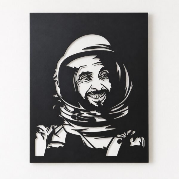 Front view of Z170 UAE To Space Sheikh Zayed premium metal portrait wall art on a plain warm-white wall.