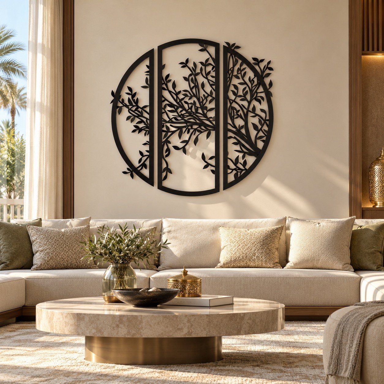 Three-piece dark metal tree wall art in place on a feature wall in a modern UAE majlis.