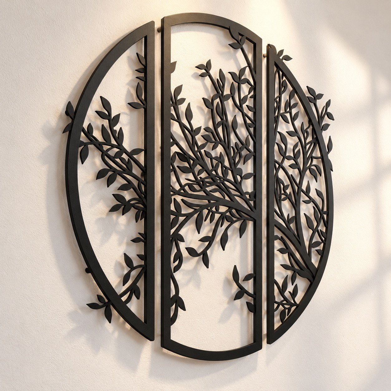 Angled view of three-piece metal tree wall art showing panel depth, edges and wall shadows.