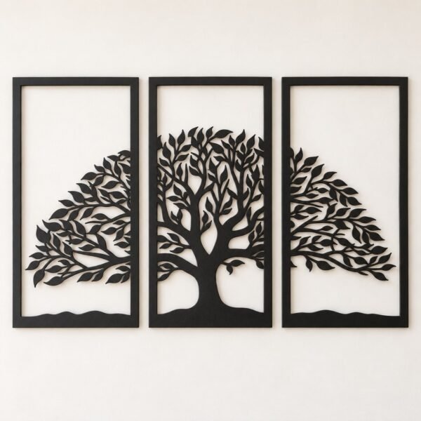 Three-piece black metal Tree of Life wall art set on a plain warm-white wall, straight front view.