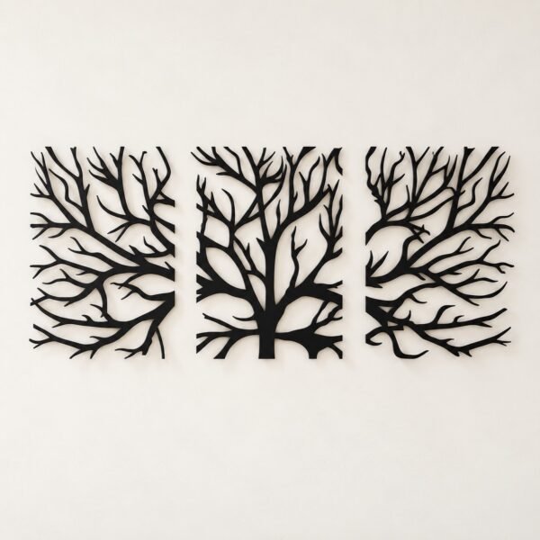 Three-piece black metal tree wall art set on a plain warm-white wall, front view.