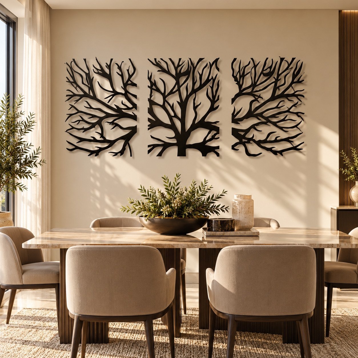 Three-piece black metal tree wall art set displayed on a modern UAE dining room wall.