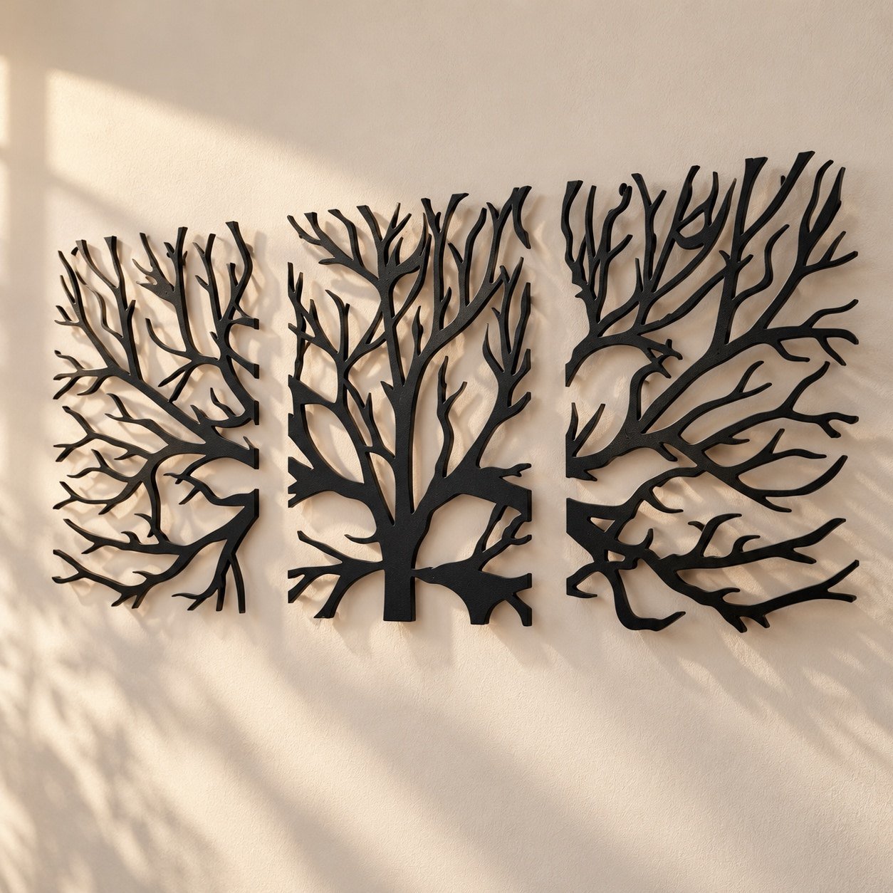 Angled view of a three-piece black metal tree wall art set showing depth, edges and wall shadows.