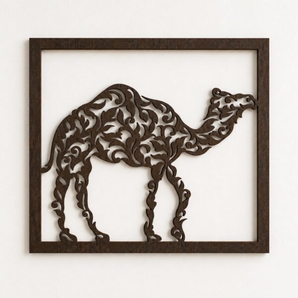 Front view of ornate dark brown camel wall art in a rectangular frame on a warm-white wall.