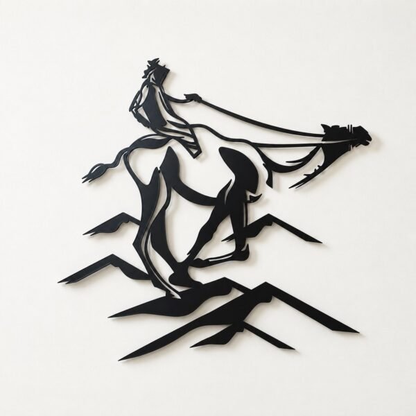 Camel and rider premium black metal wall art shown straight on against a warm-white wall.