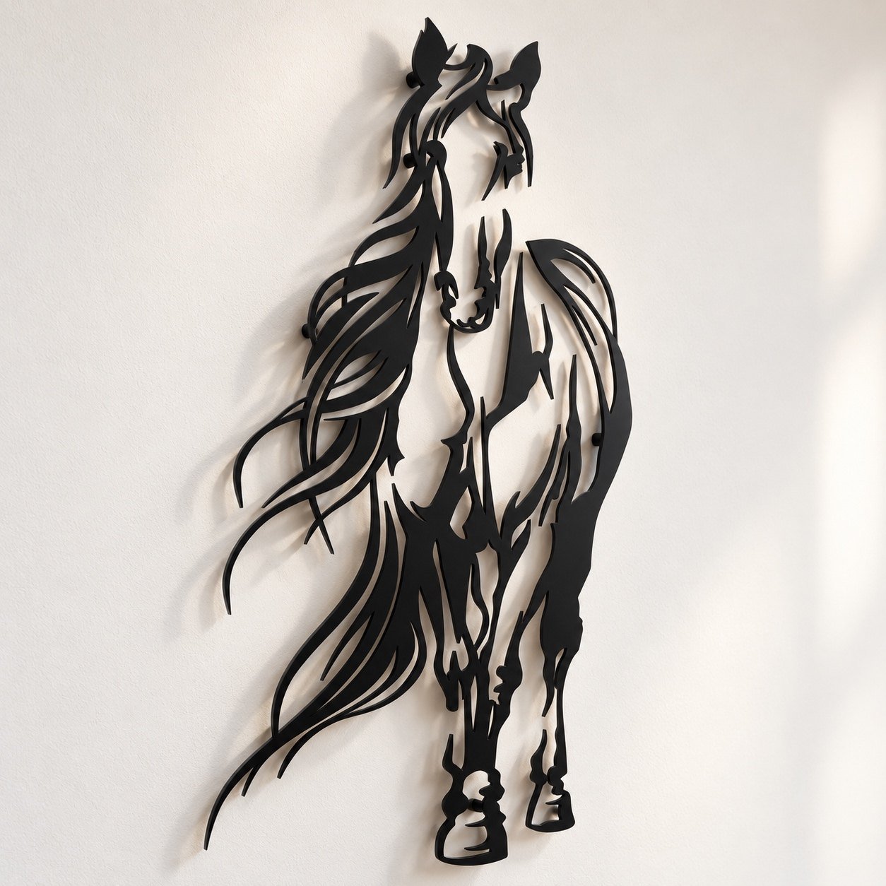 Slightly angled view of black metal horse wall art showing its depth, edge finish and wall shadow.
