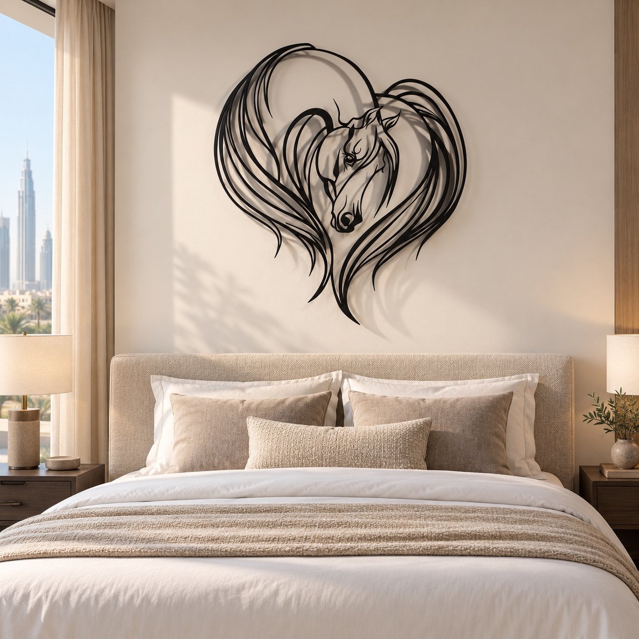 Black metal Horse Wall Art on a plain warm-white wall, straight front view, full piece visible.