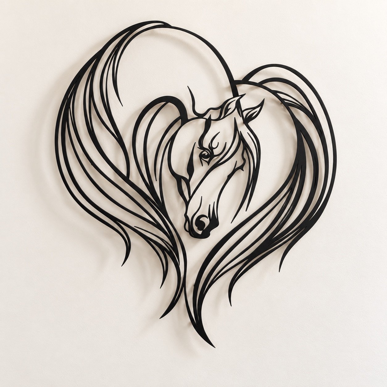 Black metal Horse Wall Art in place above a bed in a modern UAE bedroom in daylight.