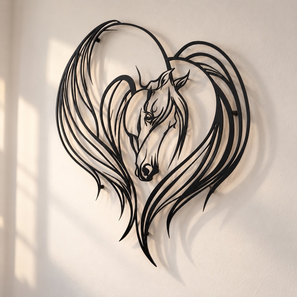 Slightly angled black metal Horse Wall Art showing its depth, edge finish and wall shadow.