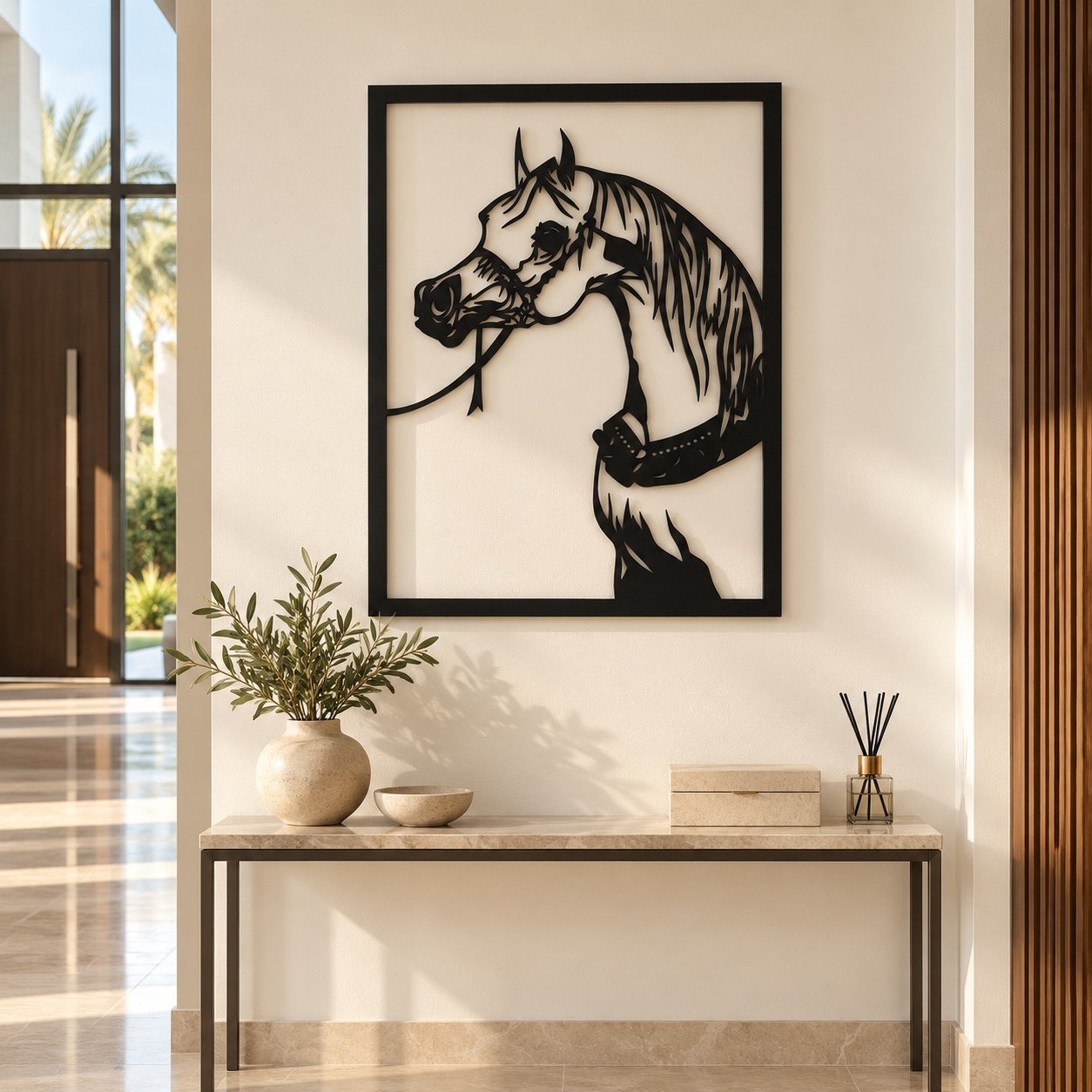 Black metal horse wall art displayed above a console table in a modern UAE entrance hall.