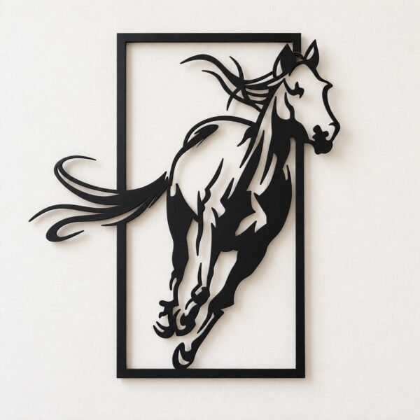 Black metal horse wall art in a straight front view on a plain warm-white wall.