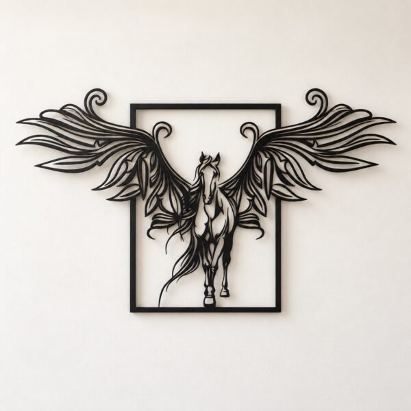 Black metal horse wall art with wing-like cut-outs on a warm-white wall, straight front view.