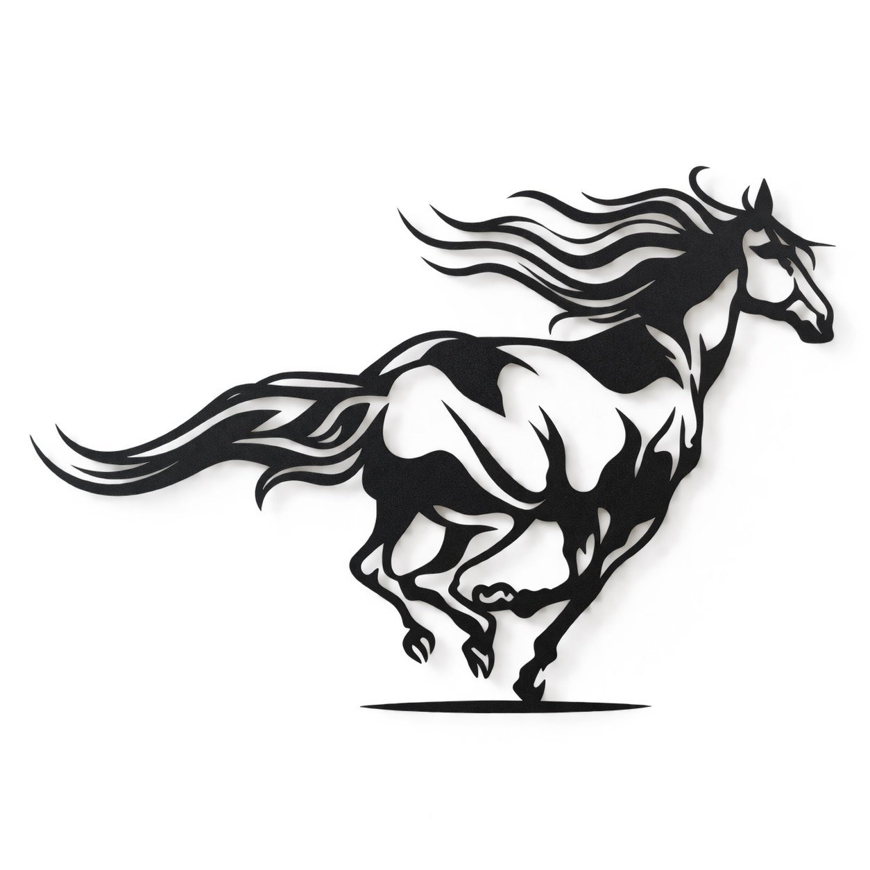 Black metal horse wall art shown straight on against a plain warm-white wall.