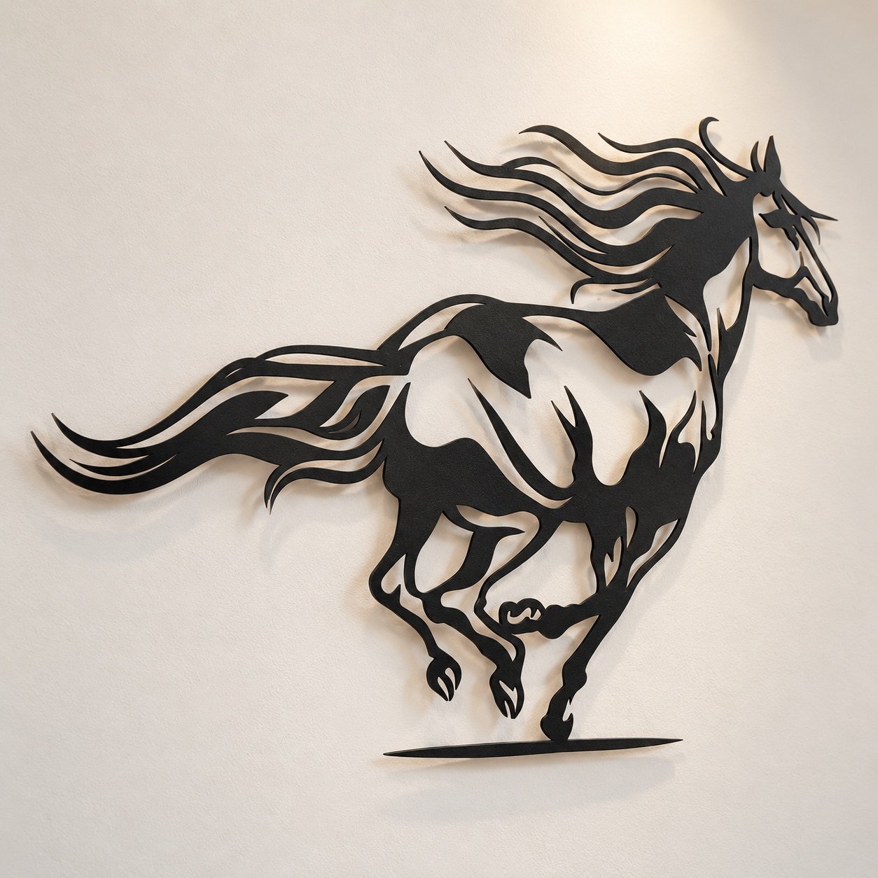 Angled view of black metal horse wall art showing its edge finish, depth and wall shadow.