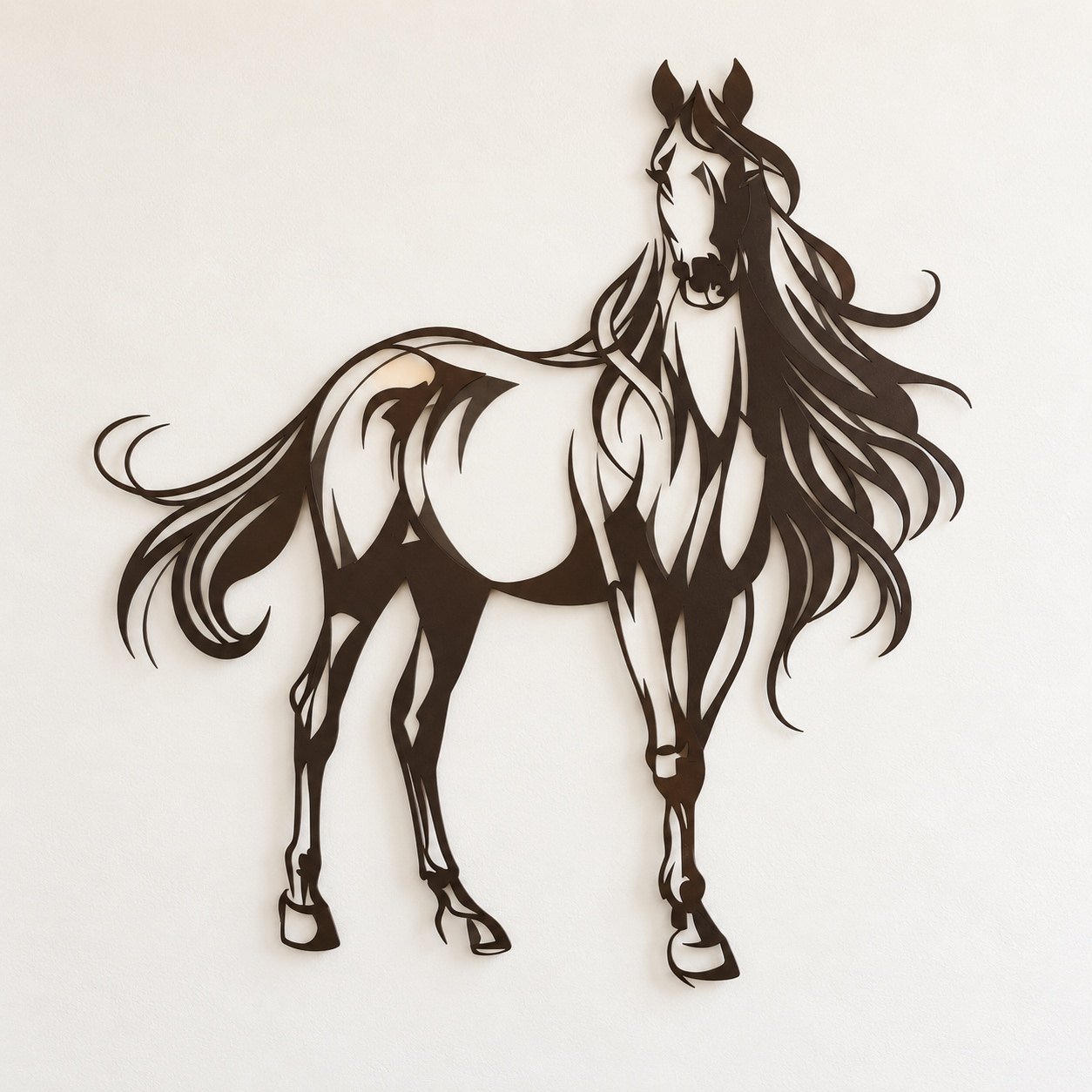 Single-piece dark brown-black metal horse wall art on a plain warm-white wall, straight front view.