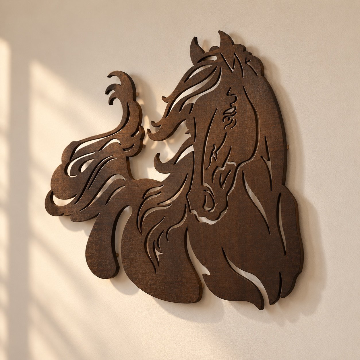 Angled view of dark walnut-brown horse wall art showing its edge depth, cut-outs and soft wall shadow.