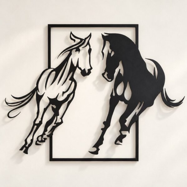 Two-piece black metal horses wall art with white and black horse silhouettes on a warm-white wall.