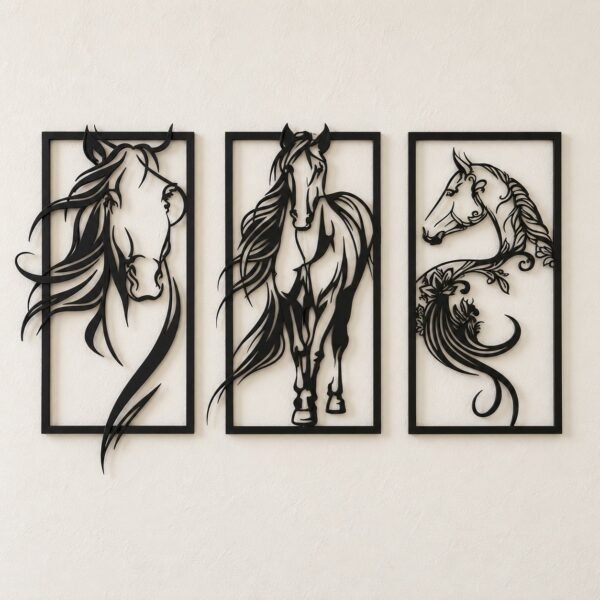 Three-piece black metal horses wall art set on a warm-white wall, straight front view.