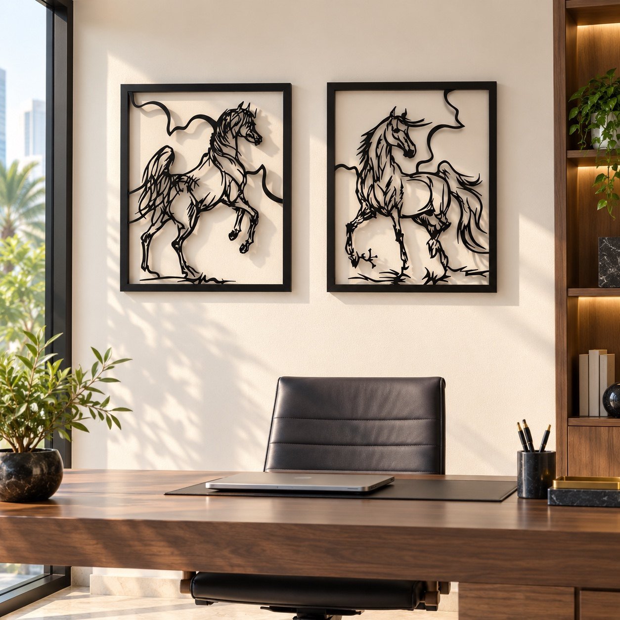 Two-piece black metal horse wall art in place on a warm-white wall in a modern UAE home office.