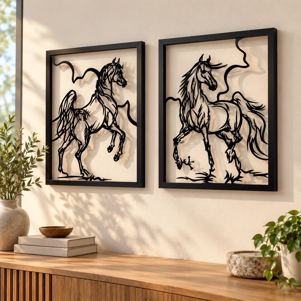 Slightly angled view of the two-piece black metal horse wall art showing metal depth, frame edges and wall shadows.