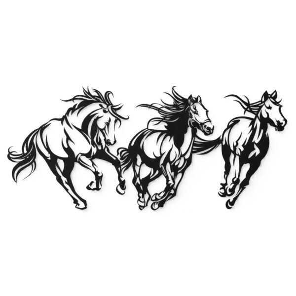 Three-piece black metal horses wall art displayed straight on against a warm-white wall.