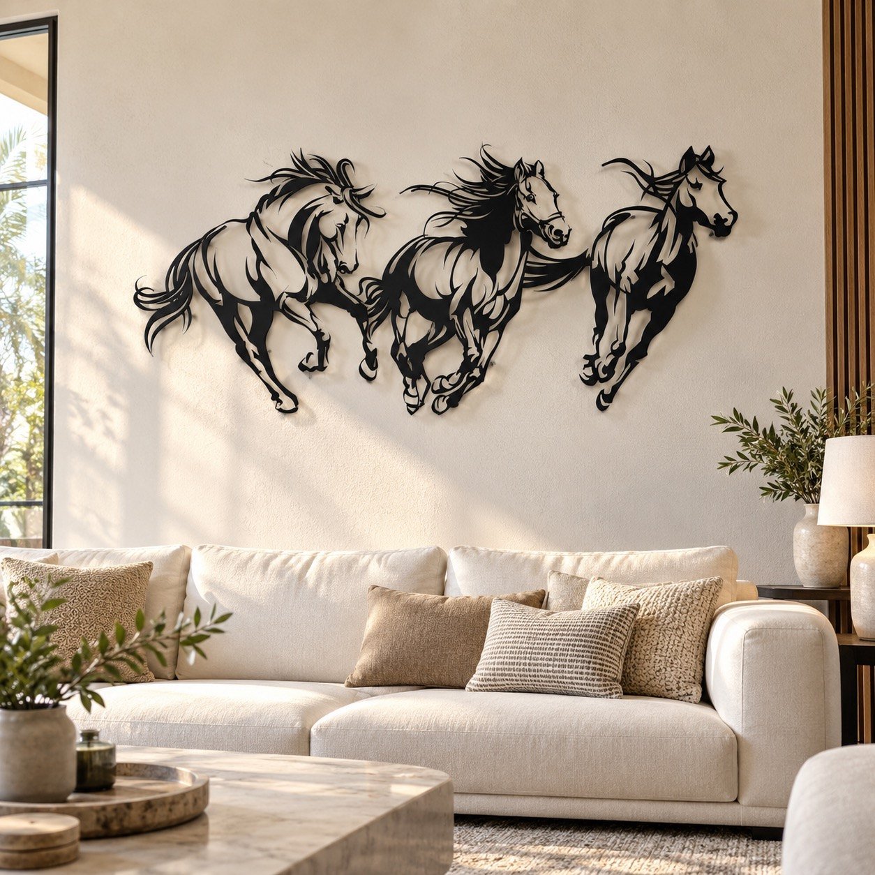 Three-piece black metal horses wall art above cream sofas in a modern UAE family lounge.