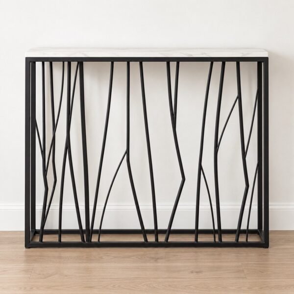 Branches Entrance Console with black metal branch-pattern frame and white stone-look top, straight front view.